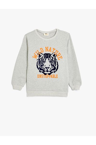 Koton Crew Neck Printed Sweatshirt - Tiger and Embossed Detail