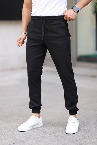 Bürke Men's Black Color Waist - Elastic Leg Lace Flexible Fitted Jogger Pants Fabric Trousers