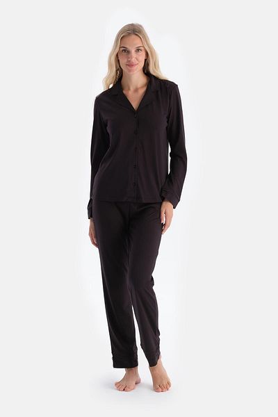 Dagi Set de pijamale cu pantaloni cămașă cu dantelă maro închis