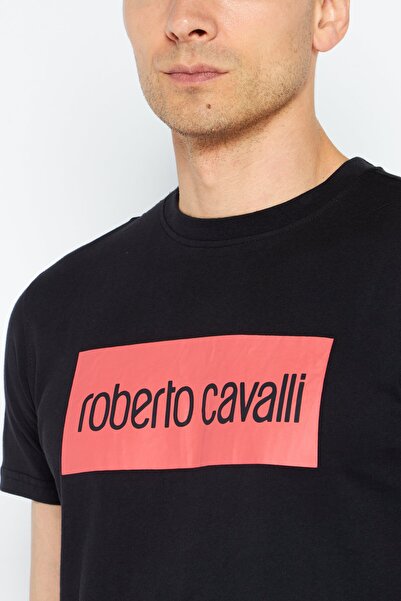 Roberto Cavalli Men Crew Neck Short Sleeve Brand Logo T-shirts, Black