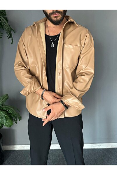 THEMANN Cep Detaylı Deri Kumaş Taba Gömlek