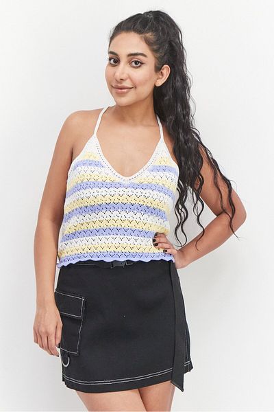 French Connection Women V-Neck Sleeveless Crochet Tank Top, White Combo