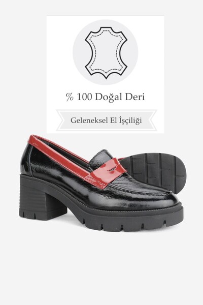 TUNAELLİ KADIN SİYAH KIRMIZI RUGAN HAKİKİ DERİ 36-41 NUMARA TOPUKLU LOAFER AYAKKABI