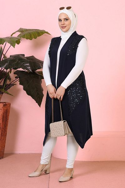 Ferace Hijab Black Women's Large Size Vest with Sequins Navy Blue