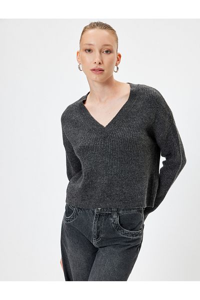 Koton Long SleeVe V-neck Knitwear Sweater - Textured