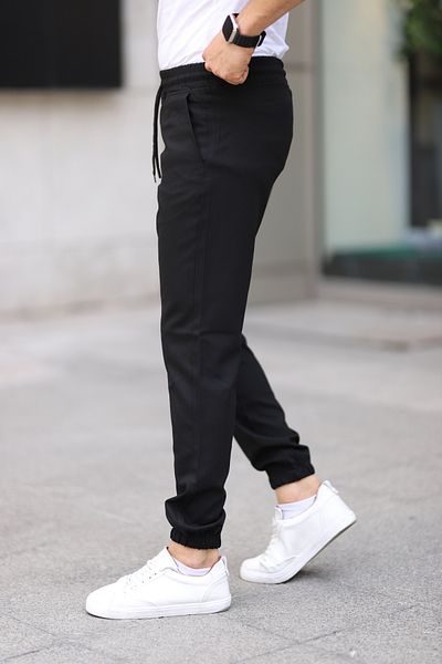 Bürke Men's Black Color Waist - Elastic Leg Lace Flexible Fitted Jogger Pants Fabric Trousers