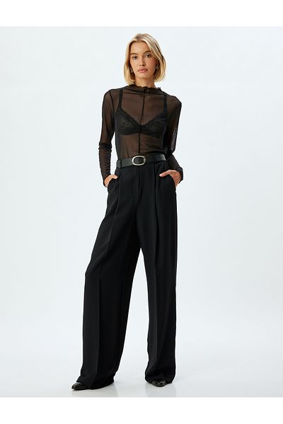 Koton Sheer Tulle Stand Collar Long Sleeve T-Shirt