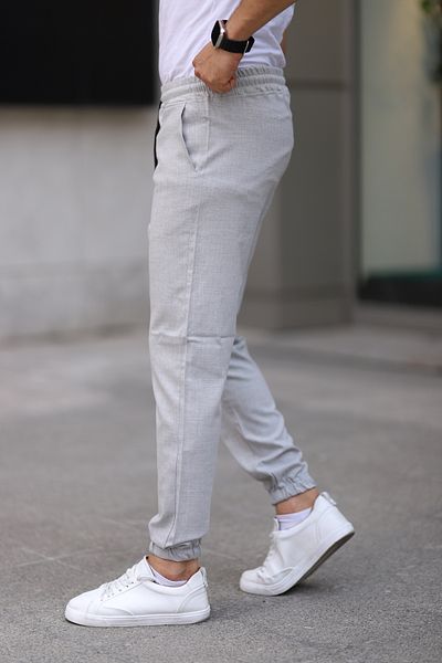 Bürke Men's Grey Color Waist - Elastic Leg Lace Flexible Fitted Jogger Pants Fabric Trousers