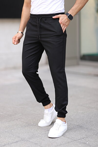 Bürke Ανδρικό μαύρο χρώμα μέσης - ελαστικό πόδι με κορδόνια ελαστικό εφαρμοστό παντελόνι Jogger υφασμάτινο παντελόνι