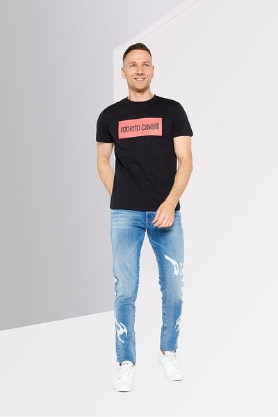 Roberto Cavalli Men Crew Neck Short Sleeve Brand Logo T-shirts, Black