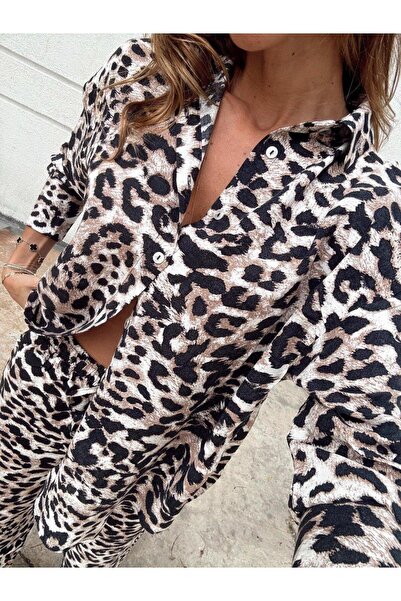 Maldia Shop Women's Leopard Pattern Brown Shirt Pants Set with Elastic Waist