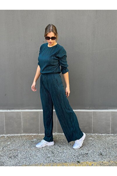 ileenofficial Dekot Piliseli Pantalon Bluz Pudra Takım