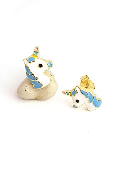 OSESHOP Mineli 925ayar Gümüş Üzerine Altın Kaplama Tasarım Unicorn Çocuk Küpesi