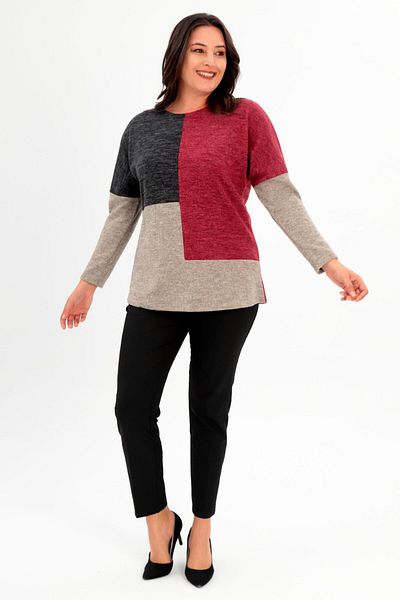 Trend42plus Plus Size Low Sleeve Asymmetrical Cut Claret Red Knitwear Blouse