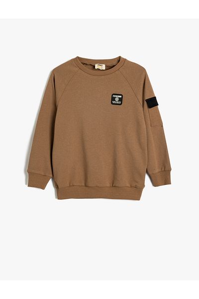 Koton Cotton Ribbed Long Sleeve Sweatshirt - Pocket Detailed Crew Neck