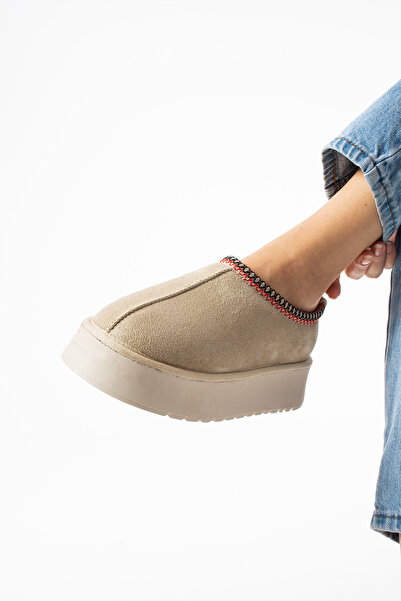 Gökçe Shoes Flor Krem Süet Mini Boy Kadın Kalın Taban Bot