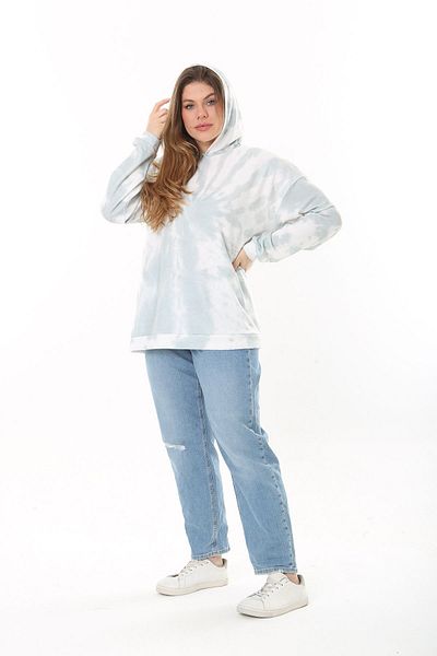 Şans Women's Large Size Green Tie-Dye Patterned Hooded Sweatshirt 65N37521