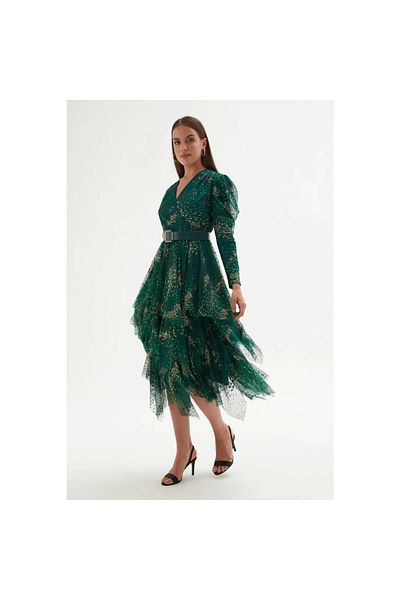 rapellin Double Breasted Collar Printed Tulle Evening Dress 1773-green