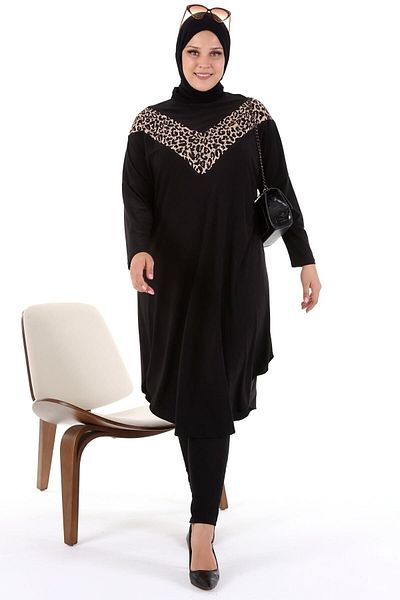 Ferace Long Sleeve Large Size Women's Sequin Hijab Tunik Leopard