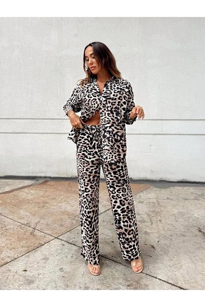Maldia Shop Women's Leopard Pattern Brown Shirt Pants Set with Elastic Waist