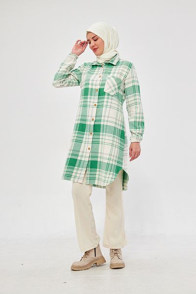 Giyim Gezegeni Single Pocket Sleeve Elastic Checked Striped Women's Winter Lumberjack Tunic Shirt