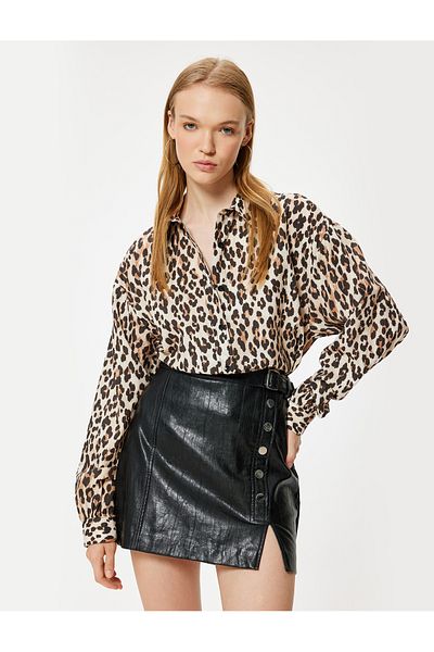 Koton Cămașă oversize cu mânecă lungă cu imprimeu leopard - guler clasic cu nasturi