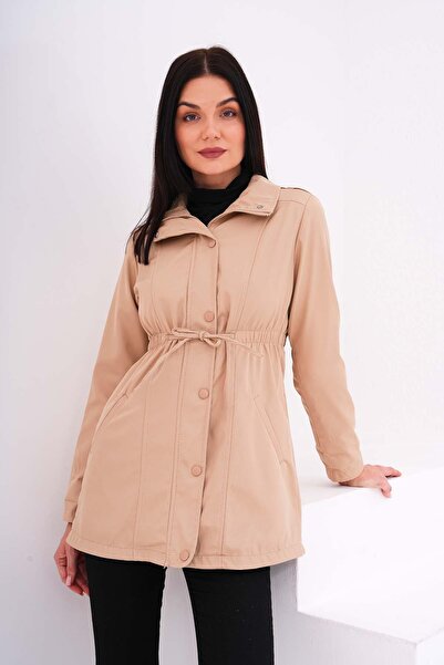 ŞİMAL Kadın Manşetleri Desenli Beli Büzgü Detaylı Trenckot - 255114