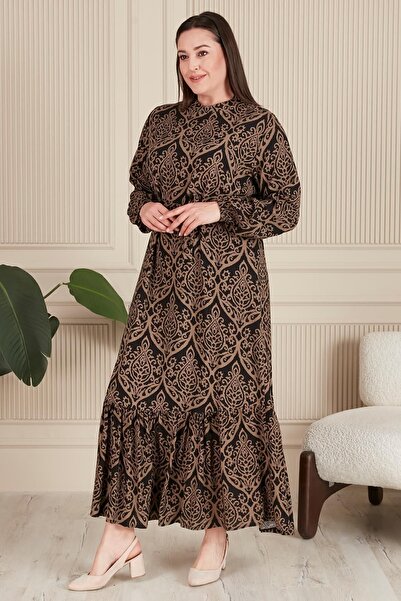 Ferace Large Size High Collar Viscose Hijab Dress - Fabric Pleated and Pleated