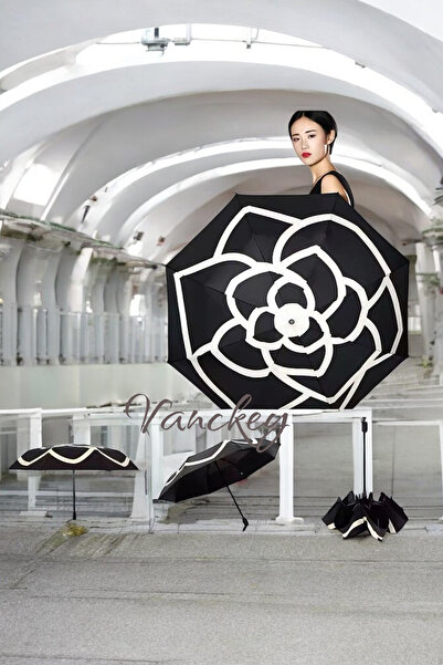 VANCKEY Siyah Gül Desen Yarasa Model Manuel Şemsiye 709824