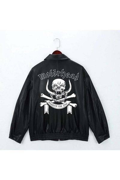 Touz Moda Rock Series Motorhead Printed Streetwear Μαύρο Oversize Unisex Δερμάτινο μπουφάν με επένδυση