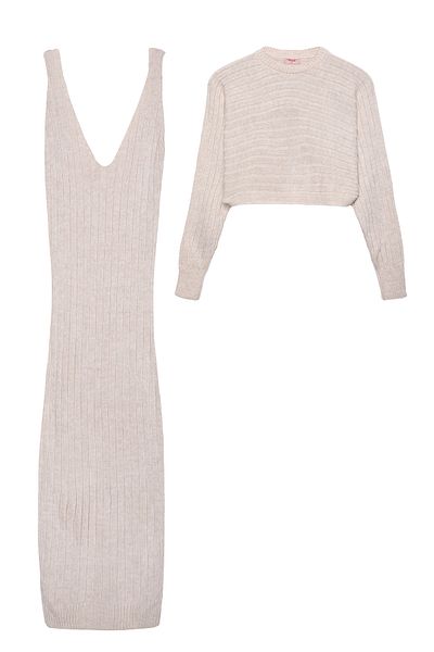 Quzu Stone Colored Strappy Dress and Bolero Knitwear Set