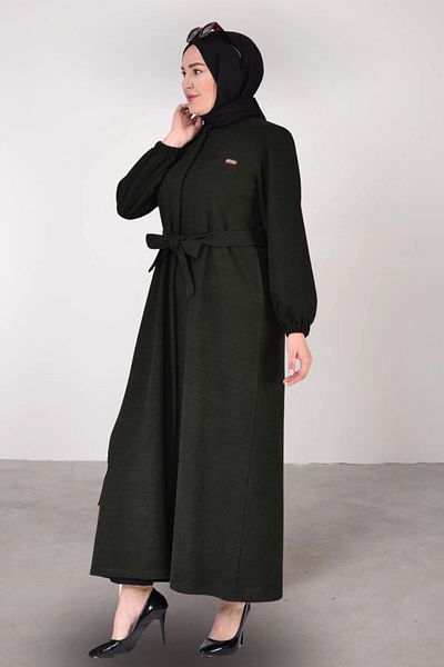 Ferace Large Size Women's Long Top Coat with Tie Waist, Winter Khaki
