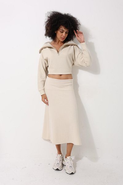 AMİDA Ecru Thessaloniki Fabric Midi Length Women's Bell Skirt - 2440