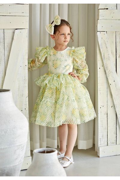PİXİNADELUXE Green Tulle Long Sleeve Girl's Evening Dress
