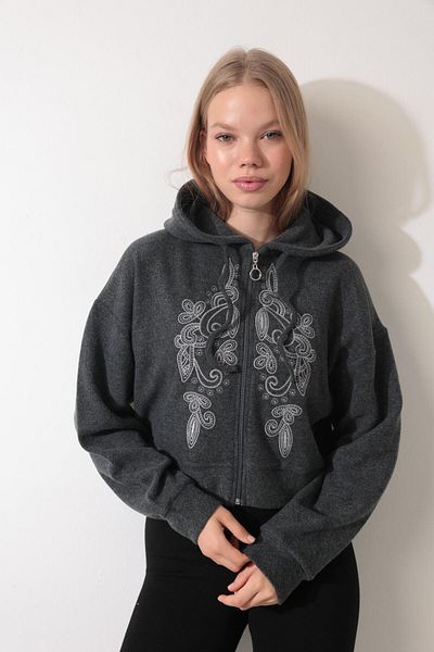 AMİDA Embroidered Anthracite Thessaloniki Cardigan - Zipper and Hood - 2434