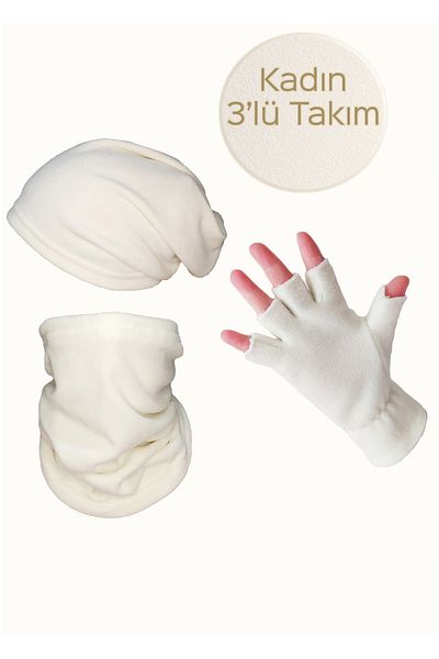 Mrey Ecru Women's Thermal Winter Fleece - Set of 3 with Cut-Out Finger Gloves and String Beanie Neck Collar Hat