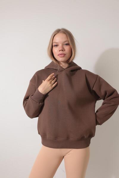 AMİDA Кафяв суитшърт с етническа бродерия - с кръгло деколте, 2435