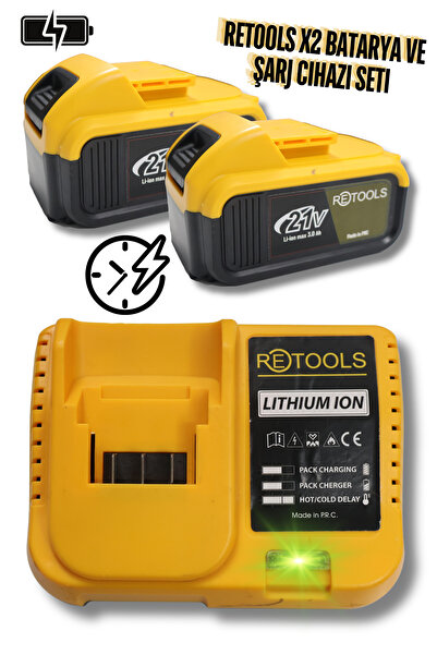 RETOOLS Ultra Hızlı Şarj Cihazı Sarı ve 2 Adet 10 Pilli Li-ion Batarya 21V/3....