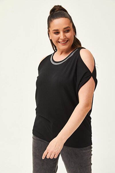 Ebsumu Γυναικεία μαύρη μπλούζα μεγάλου μεγέθους με πέτρινη λεπτομέρεια στον ώμο