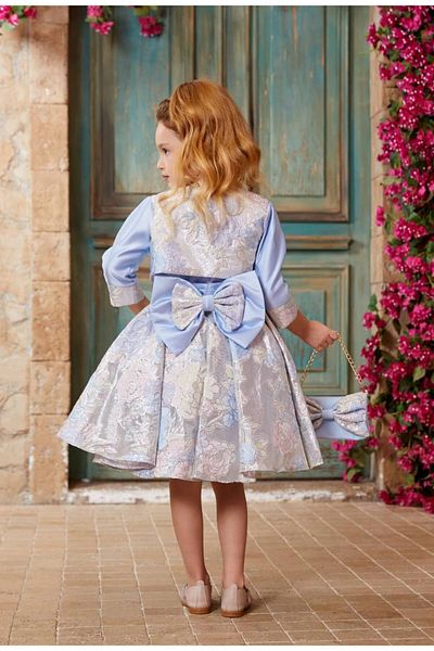 PİXİNADELUXE Blue Bolero Girl's Evening Dress with Bow Detail on the Back, Bag and Crown Accessories