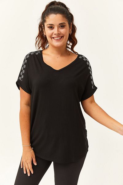 Ebsumu Women's Plus Size V-Neck Shoulders Square Stone Detail Black Blouse