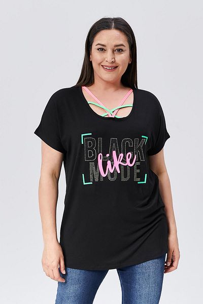 Ebsumu Plus Size Neon Stone Patterned Black Women's Blouse