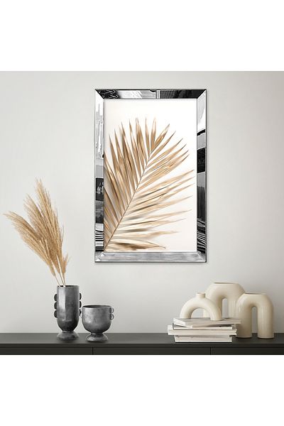 Zevahir Mobilya Dekorasyon Pictură MDF cu desen abstract cu model de palmier, aur alb, minimalist, cu cadru din plexiglas cu oglindă argintie