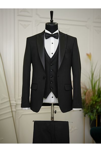 LONATOLİA Italian Style Slim Fit Tuxedo Jacket - Groom Suit Swallow Collar, Black Vest and Pants