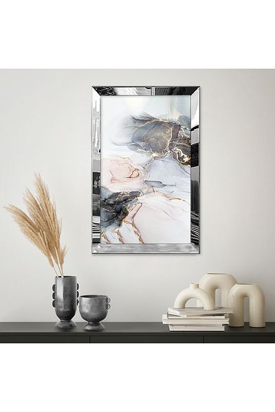 Zevahir Mobilya Dekorasyon Tablou unic MDF cu cadru din plexiglas cu oglindă argintie, alb, negru, aur, model de marmură, desen abstract