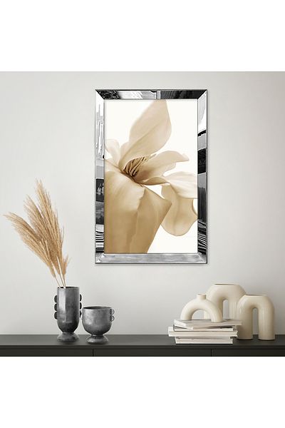 Zevahir Mobilya Dekorasyon Pictură unică MDF cu cadru din plexiglas cu oglindă argintie, modernă, elegantă, albă, galbenă, model de flori, desen abstract