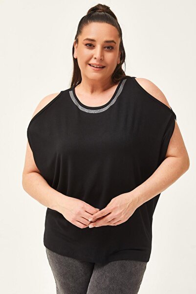 Ebsumu Γυναικεία μαύρη μπλούζα μεγάλου μεγέθους με πέτρινη λεπτομέρεια στον ώμο