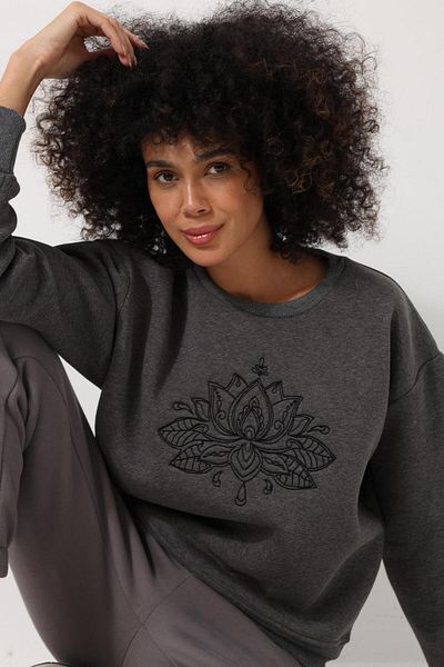 AMİDA Lotus Flower Embroidered - Crew Neck Oversize Women's Sweatshirt Anthracite - 2447