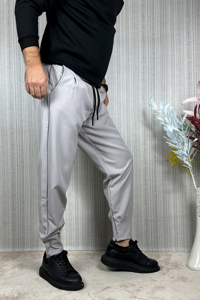 CW Casualwear Pánské kalhoty Boyfriend šedé skládaný detail pasu se stahovací šňůrkou na zip na noze Jogger kalhoty