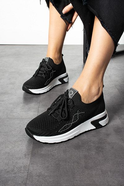 ShoeTek Pantofi de damă Luminita Tricoturi cu sireturi Pantofi sport cu piatra laterala neagră